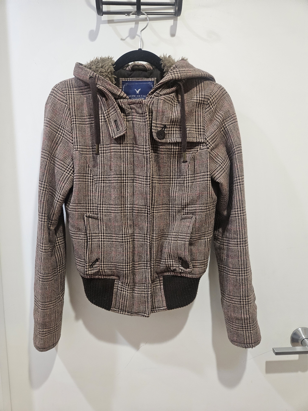 American Eagle Outfitters Plaid Hooded Bomber Jacket - Brown Plaid - Picture 4 of 9